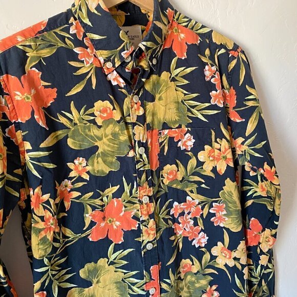 American Eagle Outfitters Long Sleeve Hawaiian Print Button Front Shirt - Picture 2 of 6